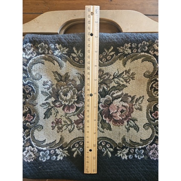 Vintage SELIGMAN New York Tapestry Tote Purse Floral Wood Handles - Picture 13 of 13